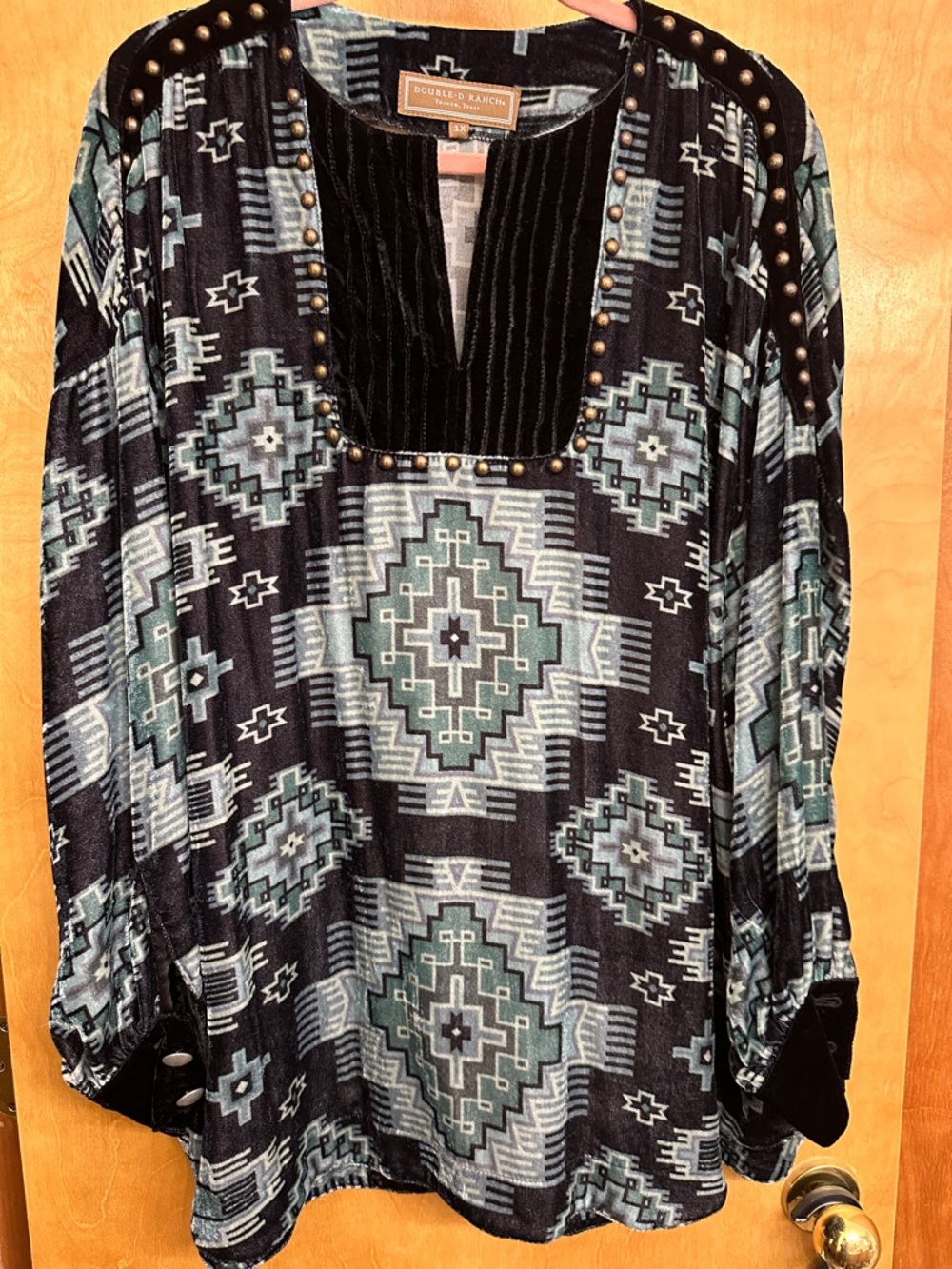 Double D Ranch Black & Teal Southwestern Velvet Tunic with Studded Neckline